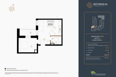 Rzut - Mieszkanie na sprzedaż 1 pokój o powierzchni 39,11 m² - numer B.305 w Rezydencja Śródmiejska