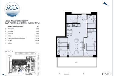 Rzut - Mieszkanie na sprzedaż 2 pokoje o powierzchni 55,68 m² - numer F510 w Polanki Aqua - budynek E i F