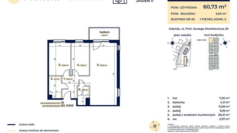 Rzut - Mieszkanie na sprzedaż 3 pokoje o powierzchni 60,73 m² - numer B3_1M05 w Kaskada Jasień - etap II