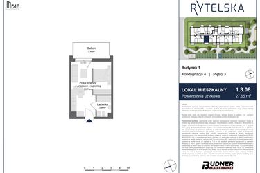 Rzut - Mieszkanie na sprzedaż 1 pokój o powierzchni 27,65 m² - numer 1.3.08 w Rytelska