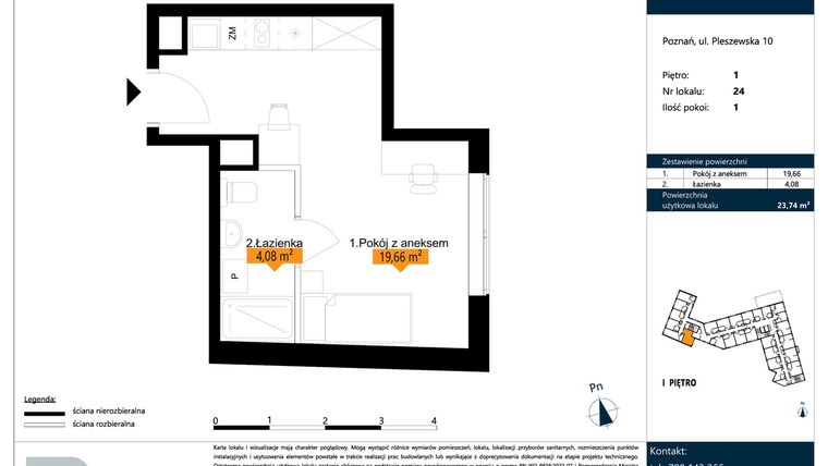 Rzut - Mieszkanie na sprzedaż 1 pokój o powierzchni 23,74 m² - numer B.1.24 w ŁACINA SPOT - apartamenty inwestycyjne