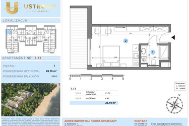 Rzut - Mieszkanie na sprzedaż 1 pokój o powierzchni 26,1 m² - numer 1.11 w Ustronie Luxury Apartments