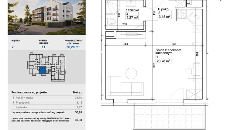 Rzut - Mieszkanie na sprzedaż 1 pokój o powierzchni 36,13 m² - numer 11 w Balantia