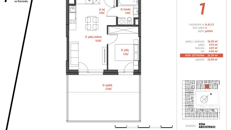Rzut - Mieszkanie na sprzedaż 2 pokoje o powierzchni 35,59 m² - numer AA1.3 w PUR
