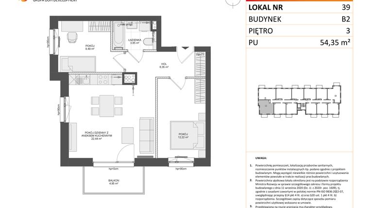Rzut - Mieszkanie na sprzedaż 3 pokoje o powierzchni 54,35 m² - numer B2.39 w Osiedle Przy Błoniach 3 etap III