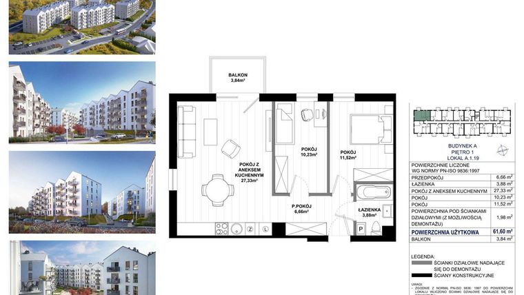 Rzut - Mieszkanie na sprzedaż 3 pokoje o powierzchni 59,62 m² - numer A.1.19 w Skandinavia