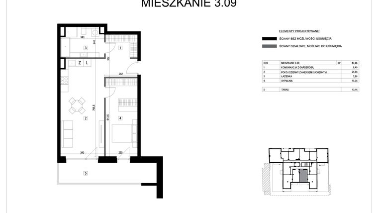 Rzut - Mieszkanie na sprzedaż 2 pokoje o powierzchni 57,36 m² - numer M3.09 w Verde Casa