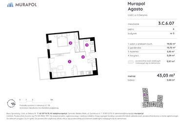 Rzut - Mieszkanie na sprzedaż 1 pokój o powierzchni 43,03 m² - numer 3.C.6.07 w Murapol Agosto