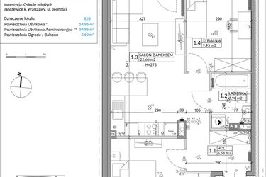 Rzut - Mieszkanie na sprzedaż 3 pokoje o powierzchni 54,95 m² - numer 82B w Osiedle Młodych etap VII