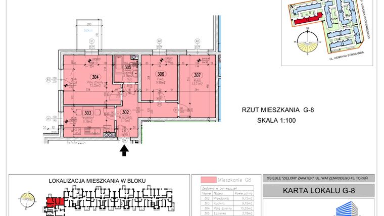 Rzut - Mieszkanie na sprzedaż 3 pokoje o powierzchni 61,95 m² - numer G-8 w Zielony Zakątek - bud. G