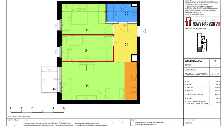 Rzut - Mieszkanie na sprzedaż 3 pokoje o powierzchni 61,1 m² - numer 16 w Apartamenty Nowy Marysin VII