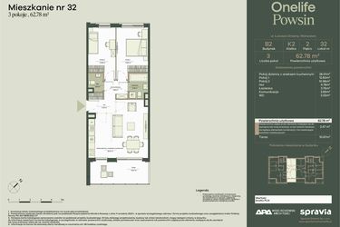 Rzut - Mieszkanie na sprzedaż 3 pokoje o powierzchni 62,78 m² - numer B2/32 w Onelife Powsin