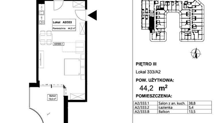 Rzut - Mieszkanie na sprzedaż 1 pokój o powierzchni 44,2 m² - numer 333 w Apollo Resort