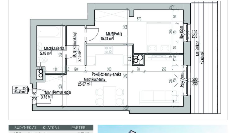 Rzut - Mieszkanie na sprzedaż 2 pokoje o powierzchni 53,49 m² - numer 1 w Aleja