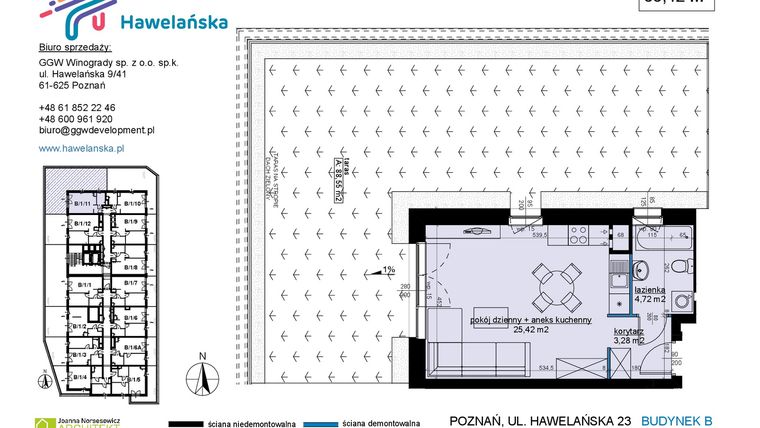 Rzut - Mieszkanie na sprzedaż 1 pokój o powierzchni 33,42 m² - numer B/1/11 w Osiedle Hawelańska etap III - bud. B