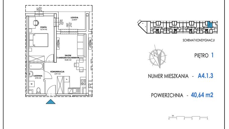 Rzut - Mieszkanie na sprzedaż 2 pokoje o powierzchni 40,64 m² - numer A4.1.3 w Apartamenty Nowe Miasto