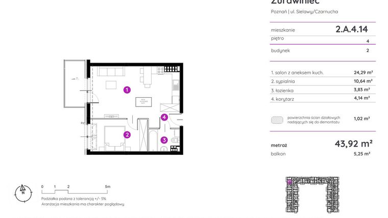 Rzut - Mieszkanie na sprzedaż 2 pokoje o powierzchni 43,98 m² - numer 2.A.4.14 w Murapol Zielony Żurawiniec