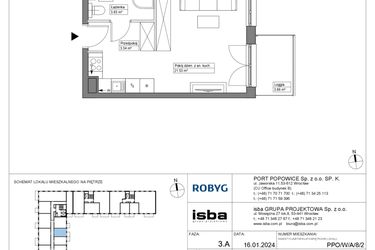 Rzut - Mieszkanie na sprzedaż 1 pokój o powierzchni 28,55 m² - numer PPO/W/A/8/2 w Port Popowice bud. W
