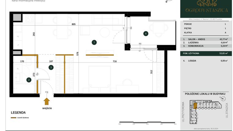 Rzut - Mieszkanie na sprzedaż 1 pokój o powierzchni 53,65 m² - numer A.07 w Ogrody Staszica