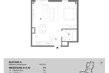 Rzut - Mieszkanie na sprzedaż 1 pokój o powierzchni 43,39 m² - numer A1.5.44 w ATAL Grabiszyn