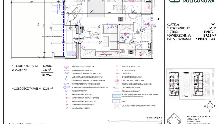 Rzut - Mieszkanie na sprzedaż 1 pokój o powierzchni 39,62 m² - numer 7 w Apartamenty Poligonowa etap 5