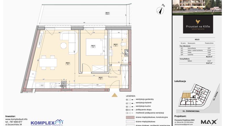 Rzut - Mieszkanie na sprzedaż 2 pokoje o powierzchni 46,33 m² - numer M21 w Przystań na Klifie