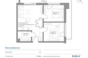 Rzut - Mieszkanie na sprzedaż 3 pokoje o powierzchni 53,09 m² - numer B.2.1 w Anchoria Holiday