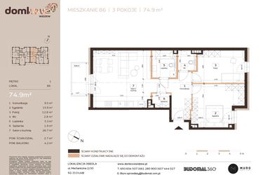 Rzut - Mieszkanie na sprzedaż 3 pokoje o powierzchni 74,9 m² - numer B6 w Domkove Widzew