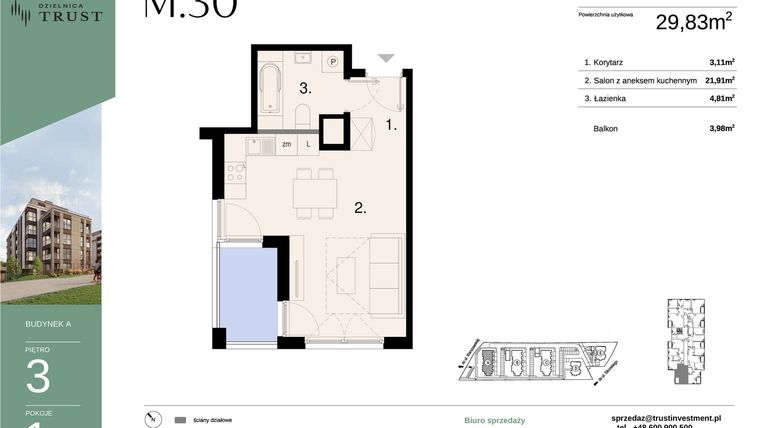 Rzut - Mieszkanie na sprzedaż 1 pokój o powierzchni 29,83 m² - numer A - M.30 w Dzielnica Trust