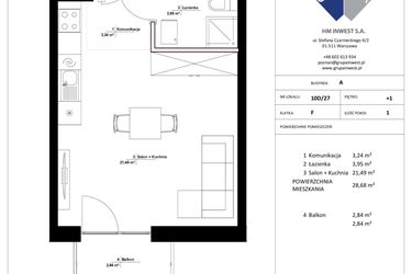 Rzut - Mieszkanie na sprzedaż 1 pokój o powierzchni 28,68 m² - numer 10D/27 w Jasielska 8C etap II