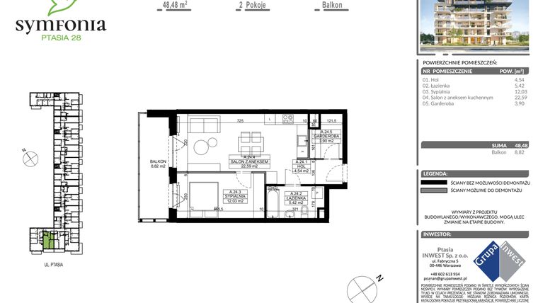 Rzut - Mieszkanie na sprzedaż 2 pokoje o powierzchni 48,48 m² - numer A.24 w Symfonia Ptasia 28