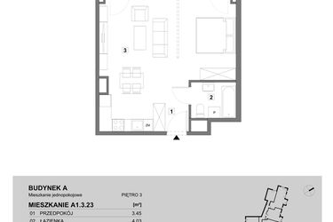 Rzut - Mieszkanie na sprzedaż 1 pokój o powierzchni 43,39 m² - numer A1.3.23 w ATAL Grabiszyn