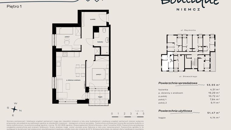 Rzut - Mieszkanie na sprzedaż 3 pokoje o powierzchni 53,55 m² - numer 6 w Boutique NIEMCZ