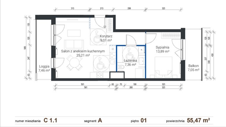 Rzut - Mieszkanie na sprzedaż 2 pokoje o powierzchni 55,47 m² - numer C 1.1 w Nowe Zabłocie