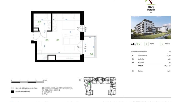 Rzut - Mieszkanie na sprzedaż 1 pokój o powierzchni 30,15 m² - numer 6D/19 w Nowe Ogrody 7.0