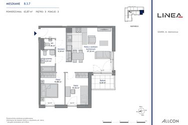 Rzut - Mieszkanie na sprzedaż 3 pokoje o powierzchni 63,87 m² - numer B.3.7 w Linea