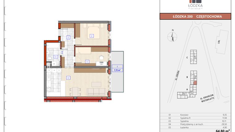 Rzut - Mieszkanie na sprzedaż 3 pokoje o powierzchni 65,03 m² - numer B.M.12 w Łódzka Osiedle