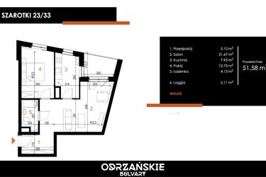 Rzut - Mieszkanie na sprzedaż 2 pokoje o powierzchni 51,58 m² - numer 23/33 w Odrzańskie Bulvary