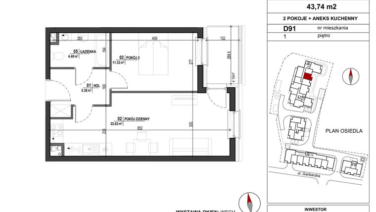 Rzut - Mieszkanie na sprzedaż 2 pokoje o powierzchni 43,74 m² - numer D.91 w Garbarska Urban Koncept