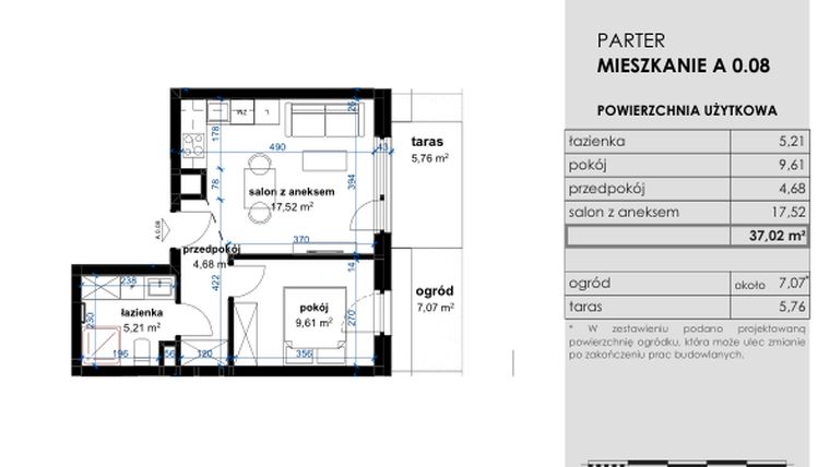 Rzut - Mieszkanie na sprzedaż 2 pokoje o powierzchni 37,02 m² - numer A 0.08 w Osiedle Kwiatowe