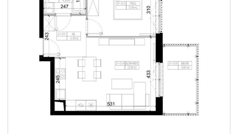 Rzut - Mieszkanie na sprzedaż 2 pokoje o powierzchni 46,52 m² - numer 1.27 w Ogrody Wiślane etap VI