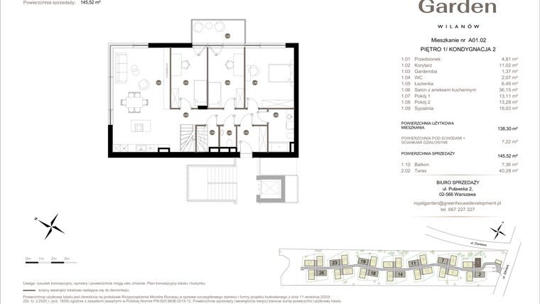 Rzut - Mieszkanie na sprzedaż 5 pokoi o powierzchni 138,3 m² - numer A01.02 w Royal Garden Wilanów Apartamenty