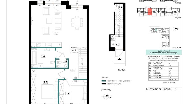 Rzut - Mieszkanie na sprzedaż 3 pokoje o powierzchni 76,58 m² - numer 59-2 w Błonie Bosco