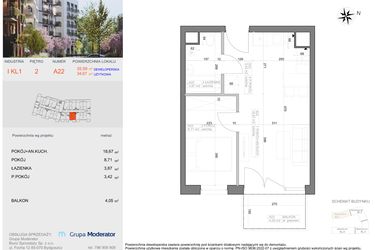 Rzut - Mieszkanie na sprzedaż 2 pokoje o powierzchni 34,67 m² - numer I-A22 w Industria etap I-A