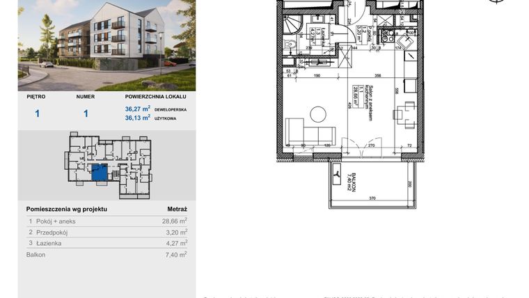 Rzut - Mieszkanie na sprzedaż 1 pokój o powierzchni 36,13 m² - numer 1 w Balantia