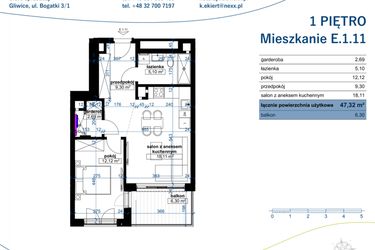 Rzut - Mieszkanie na sprzedaż 2 pokoje o powierzchni 47,32 m² - numer E.1.11 w Wzgórze Poetów 2