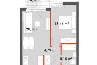 Rzut - Mieszkanie na sprzedaż 2 pokoje o powierzchni 43,53 m² - numer F1.B.02.02 w Splot Wola