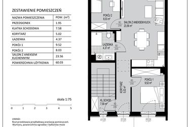 Rzut - Mieszkanie na sprzedaż 3 pokoje o powierzchni 60,03 m² - numer D6 w Kowalove etap 2