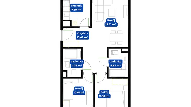 Rzut - Mieszkanie na sprzedaż 3 pokoje o powierzchni 67,13 m² - numer 1.4 w Nowa Siewna etap III