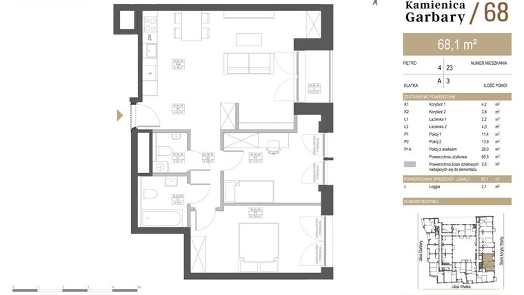 Rzut - Mieszkanie na sprzedaż 3 pokoje o powierzchni 68,1 m² - numer 23 w Garbary 68